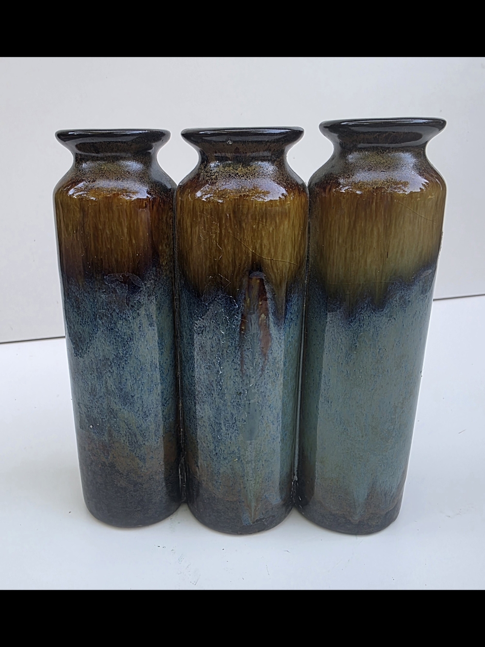 Glazed Ceramic Triple Bud Vase in Brown and Blue
